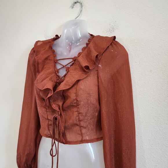 Milk & Honey Glitter Lace Up Ruffle Peasant Blouse Rust Red Side Zip Size Small - Picture 3 of 11